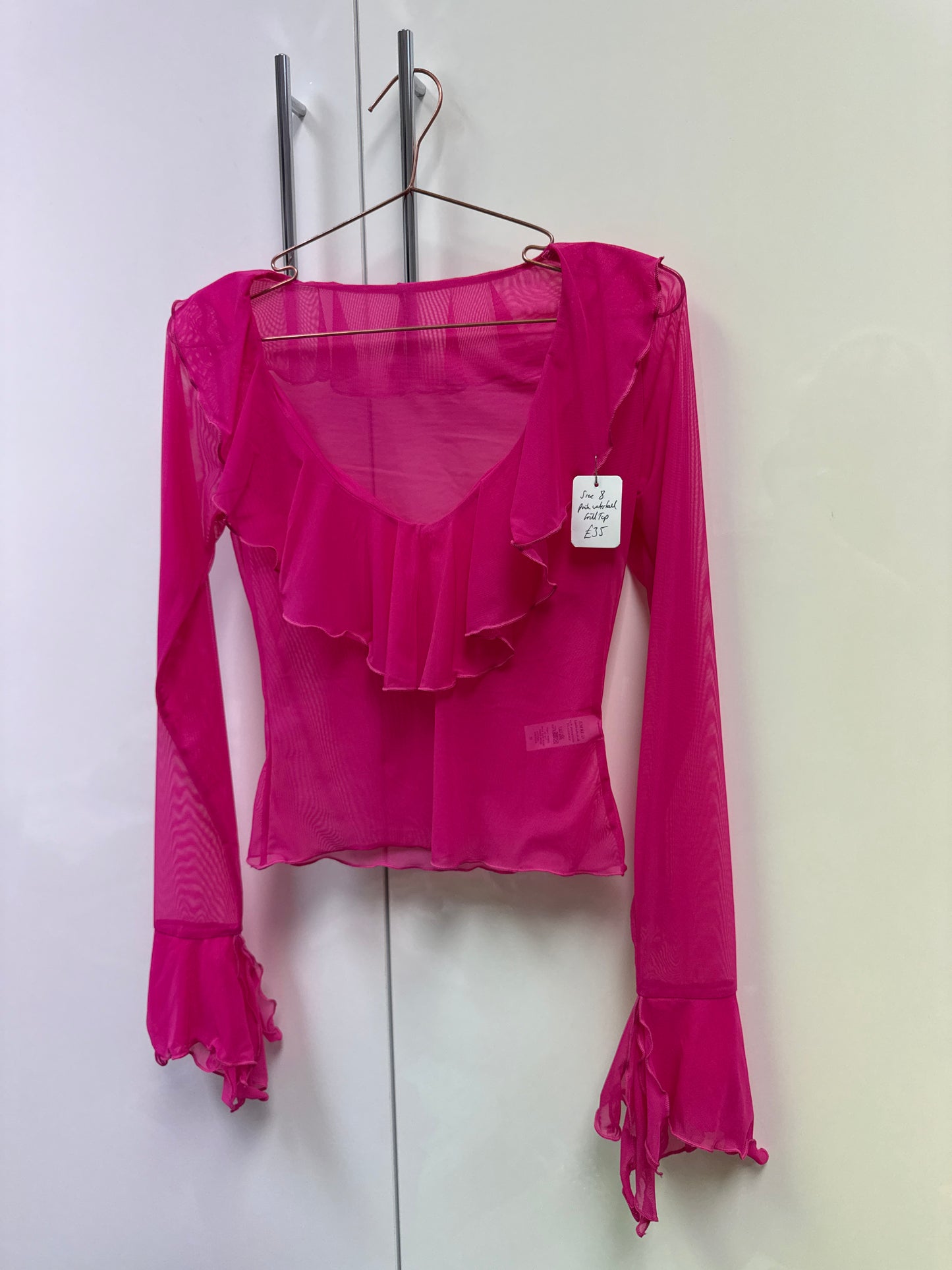 Hot pink mesh waterfall frill sleeve top size 8