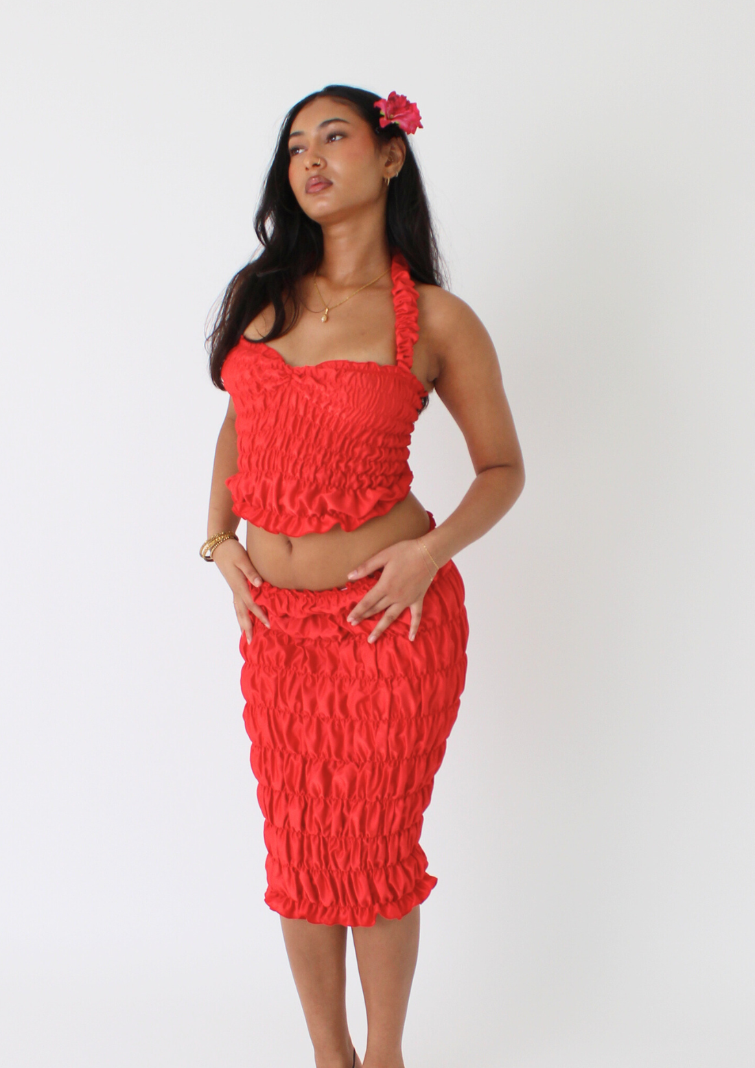 Red scrunchie midi skirt and top