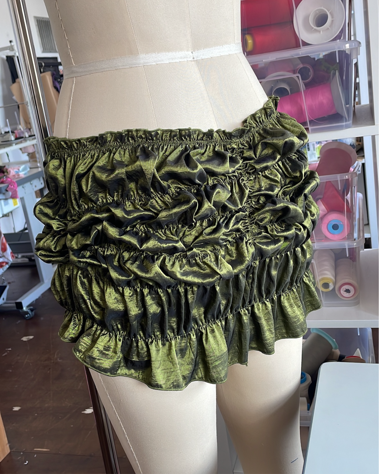 Olive taffeta bubble butt skirt