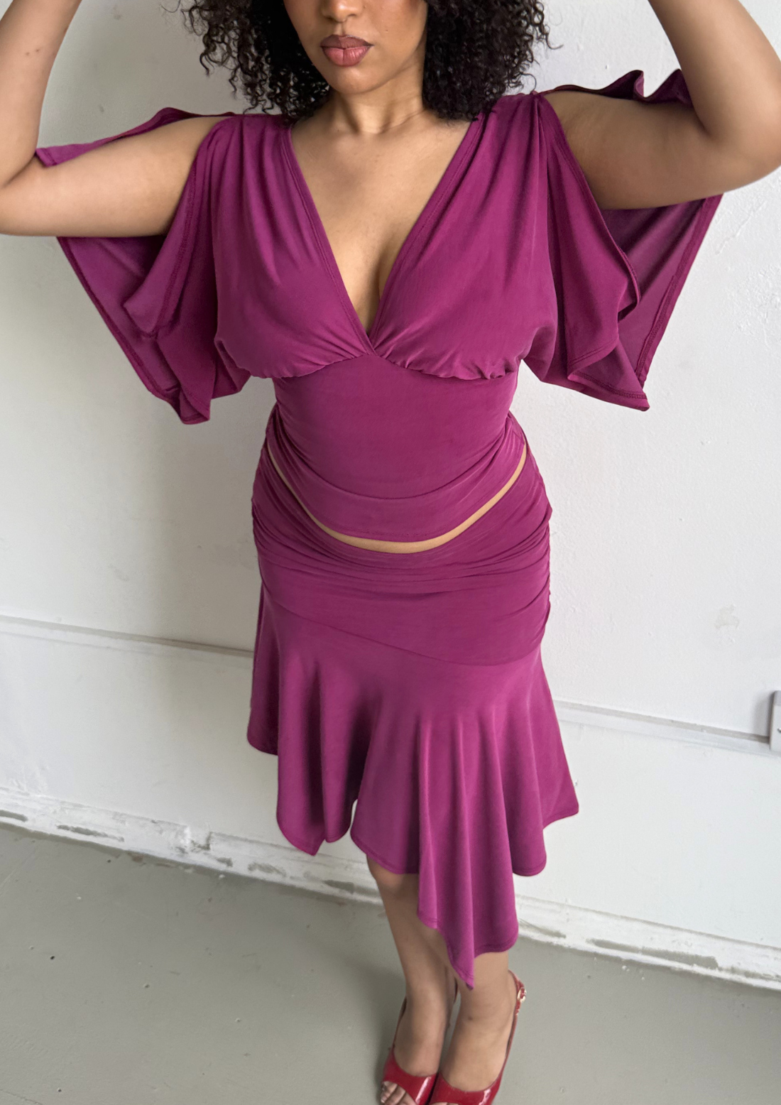 Asymmetric Draped Midi Skirt In Raspberry Ripple Modal