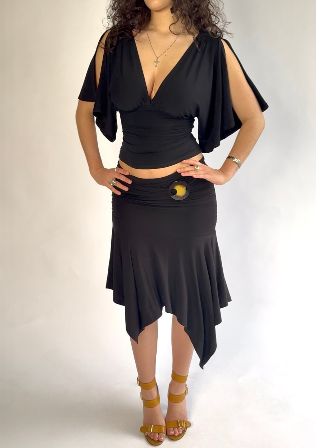 Asymmetric Draped Midi Skirt In Black With Trim Detail – EMRLD