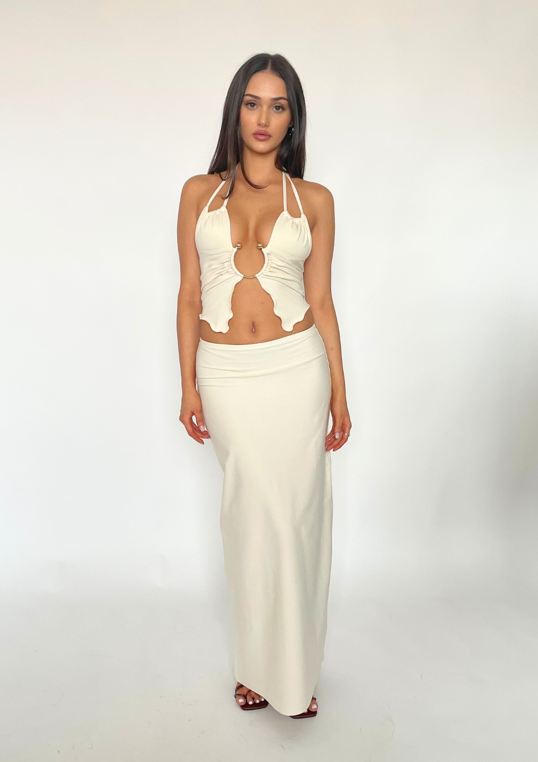 Ring Detail Top In Ecru Organic Cotton Elastane