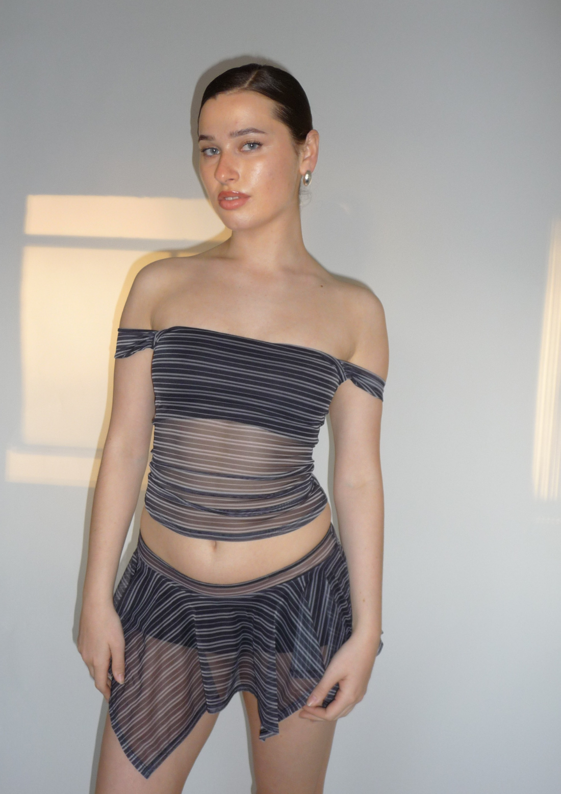 Hanky Hem Mini Skirt In Stripe Mesh