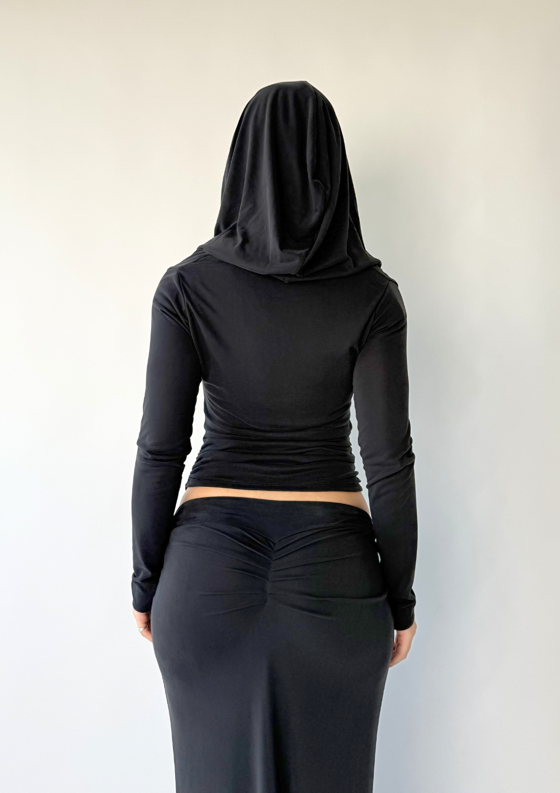 Modal drape top with hood photo shoot sample in black size 8/10