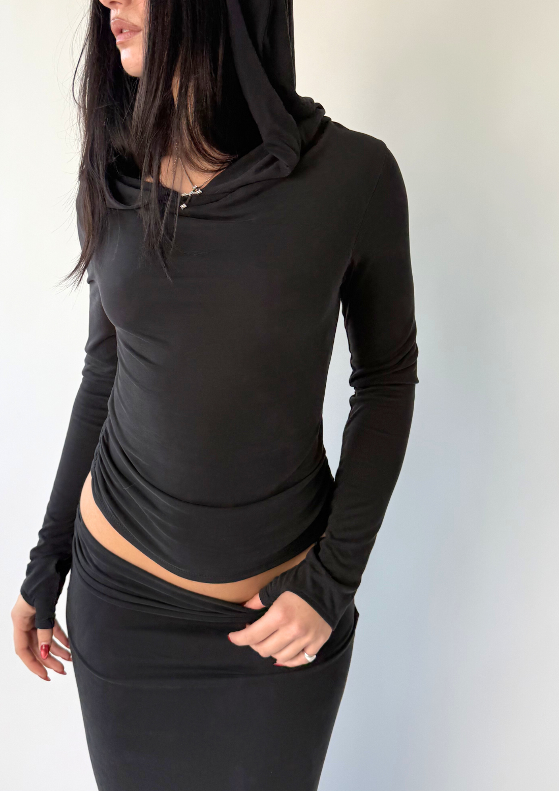 Modal drape top with hood photo shoot sample in black size 8/10