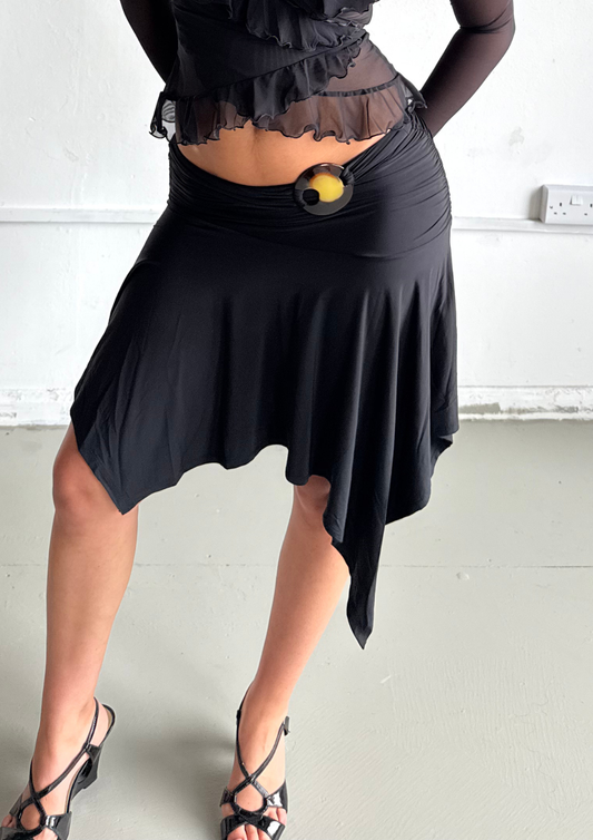 Asymmetric Draped Midi Skirt In Black With Trim Detail