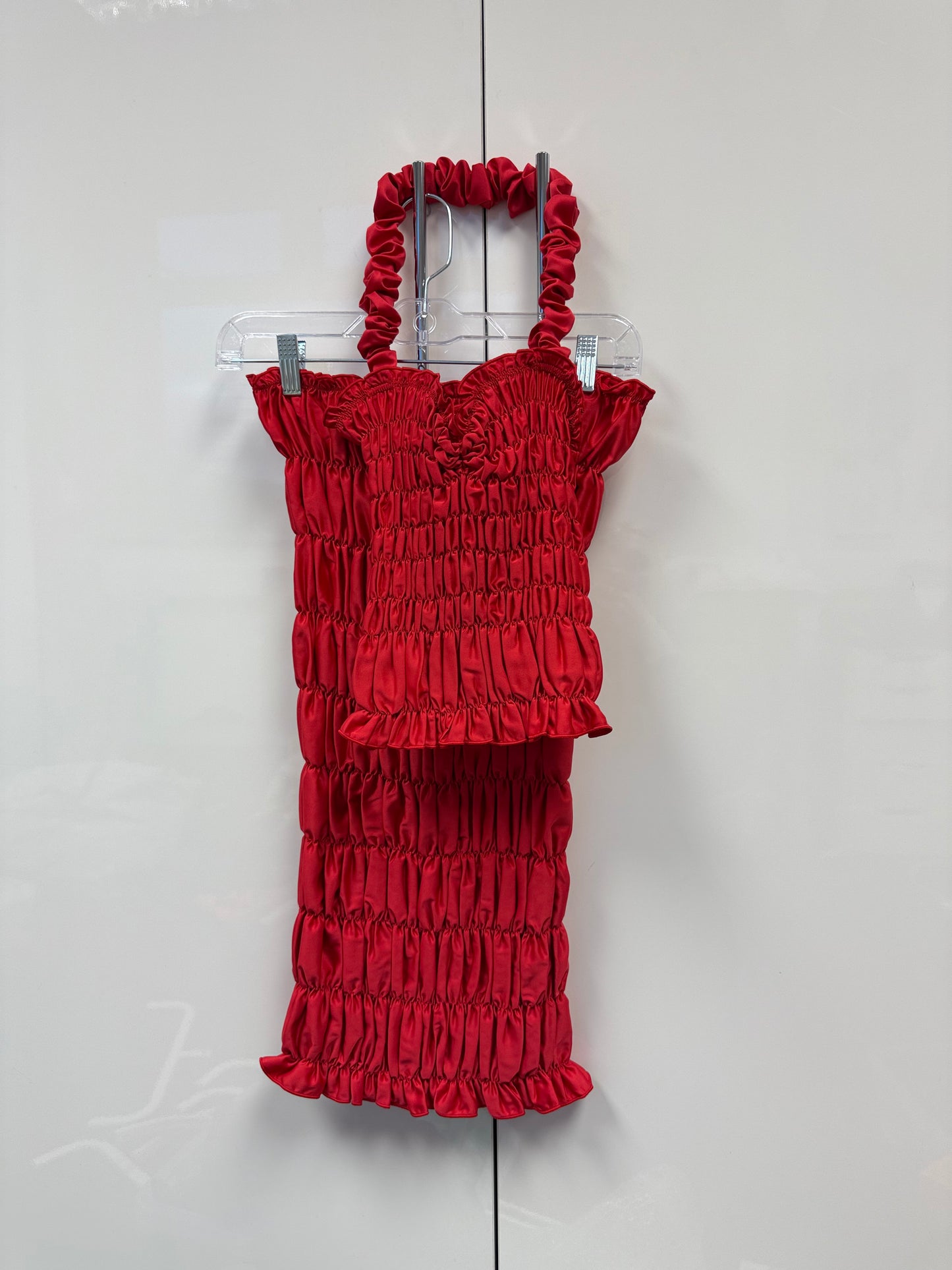 Red scrunchie midi skirt and top