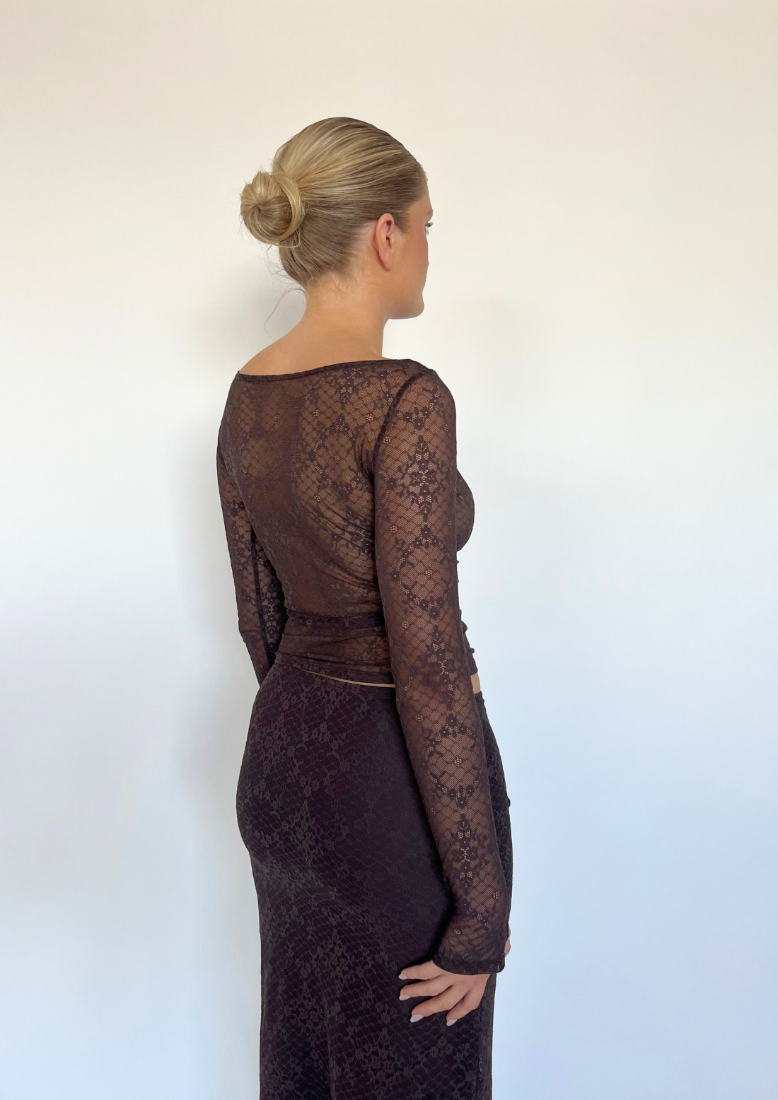 Long Line Top In Chocolate Brown Lace