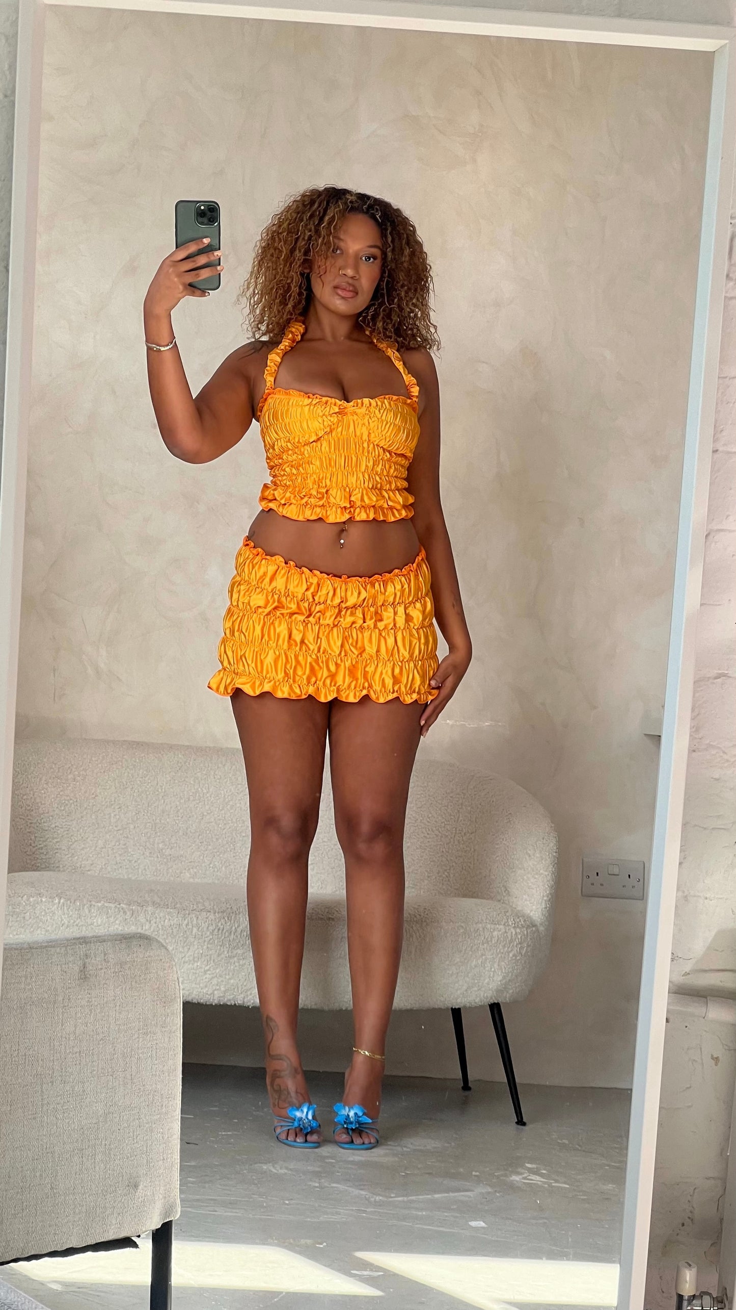 Scrunchie mini skirt tangerine size 12 and 10 available