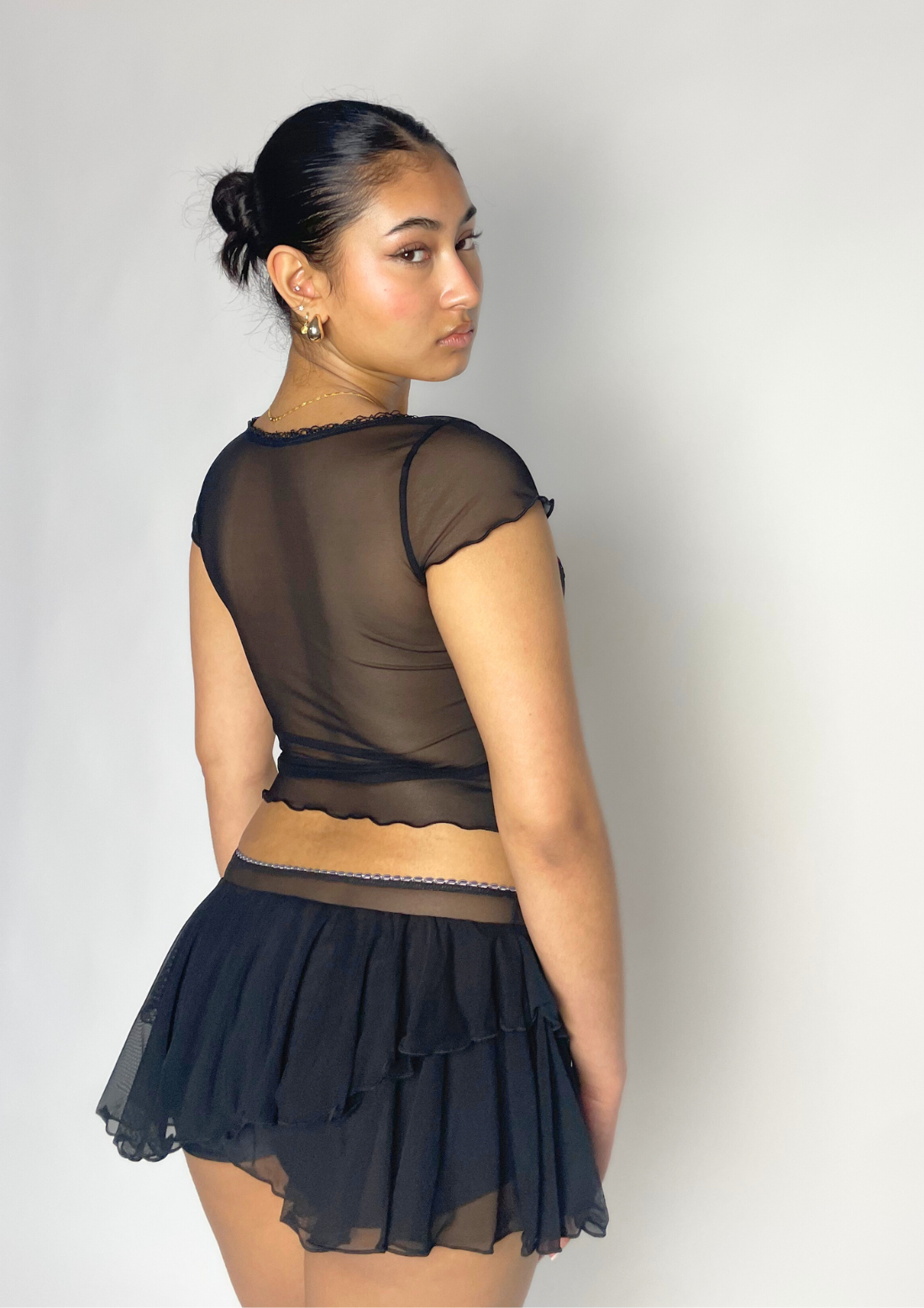 Cap Sleeve Top In Black Mesh With Bow Detail
