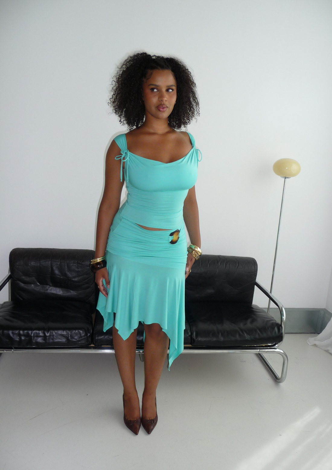 Mariah Cowl Neck Top With Tie Detail In Aqua