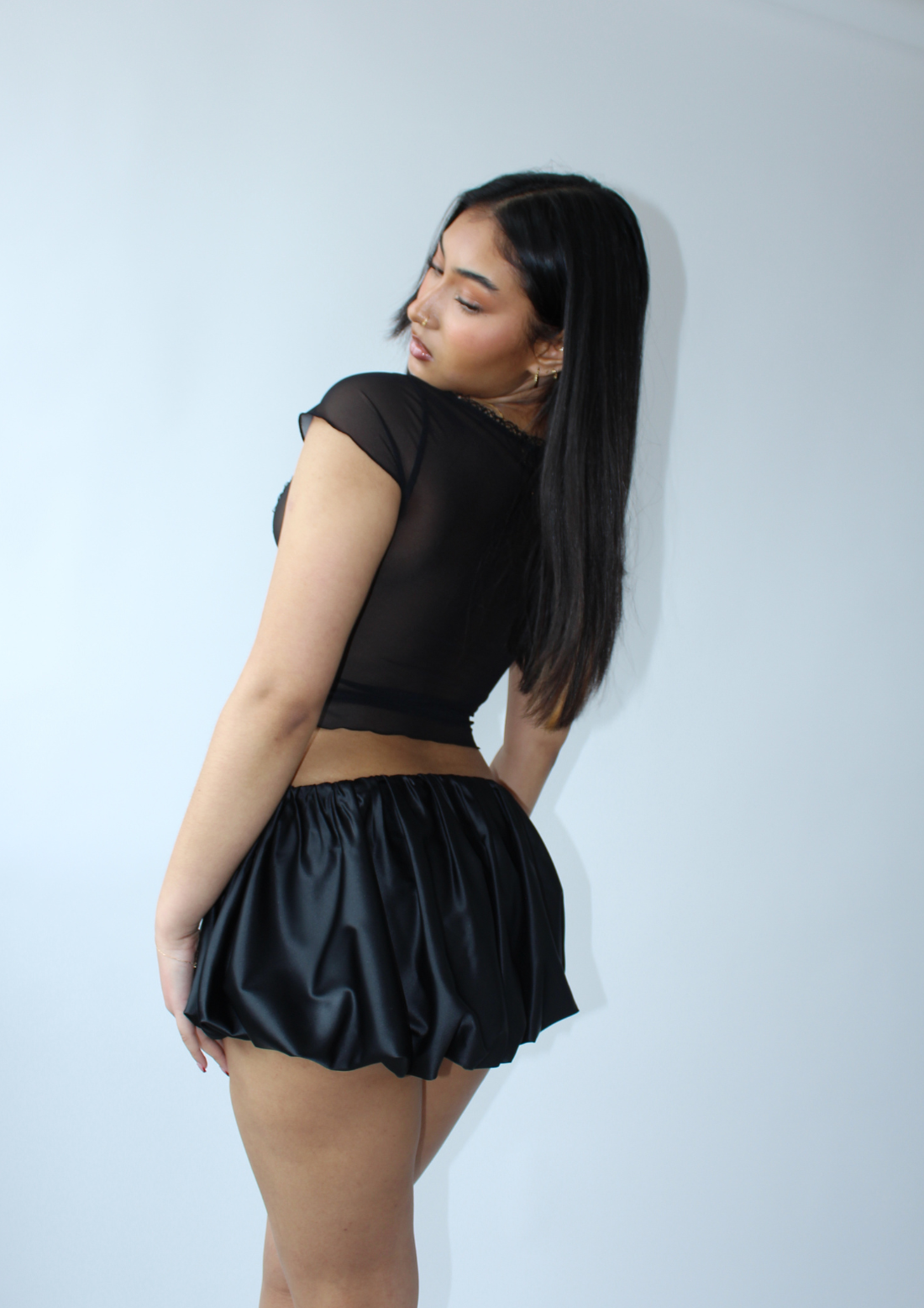 Satin Puffball Mini Skirt In Black