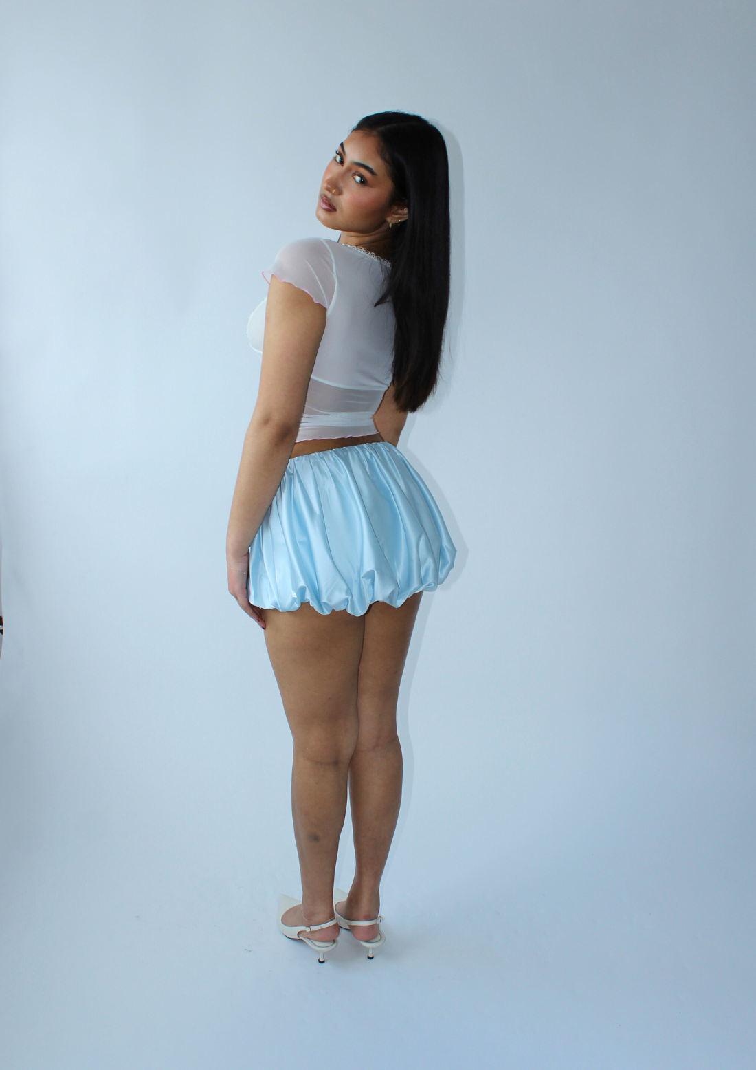 Satin Puffball Mini Skirt In Baby Blue