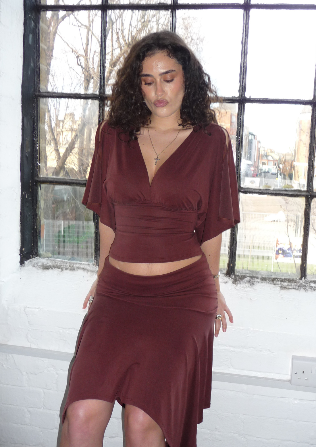 Asymmetric Draped Midi Skirt In Chocolate Modal