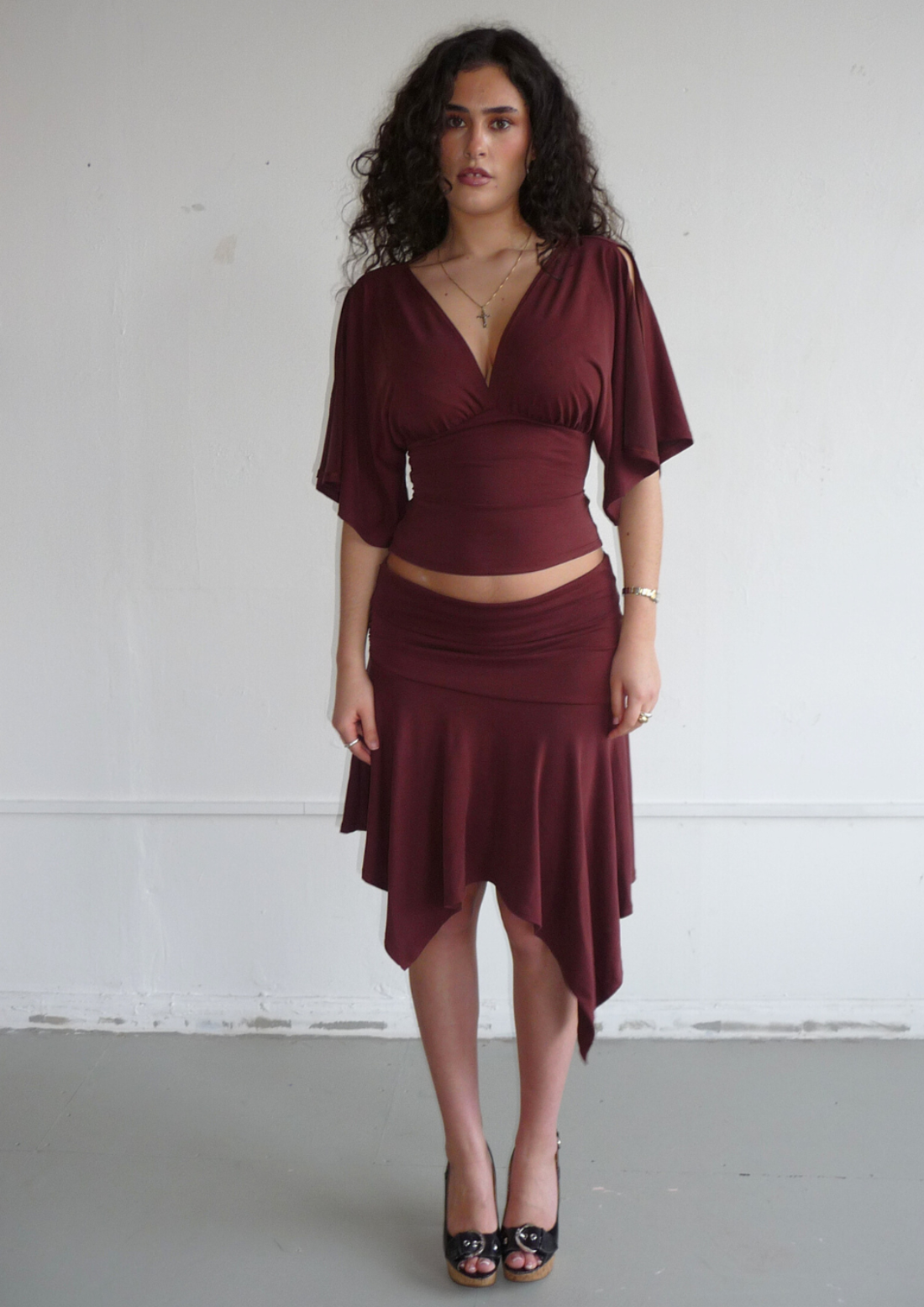 Asymmetric Draped Midi Skirt In Chocolate Modal