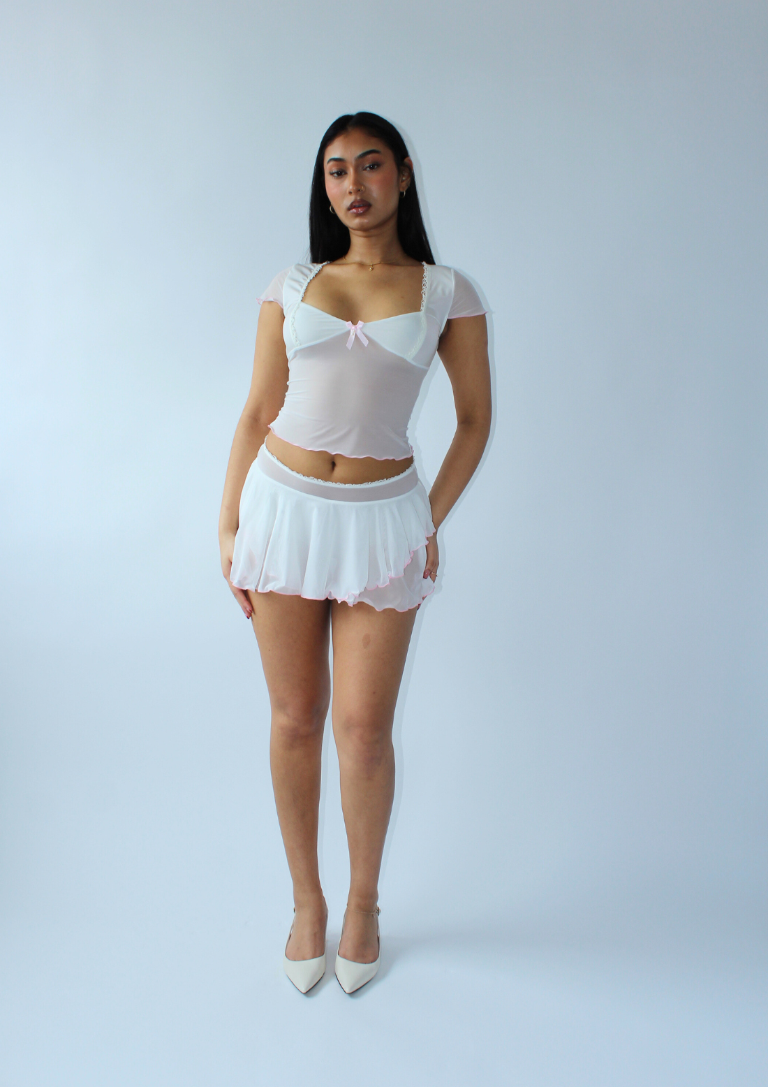 Cap Sleeve Top In Ivory Mesh With Bow Detail