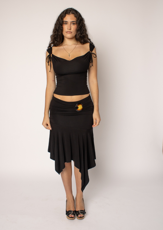 Asymmetric Draped Midi Skirt In Black With Trim Detail