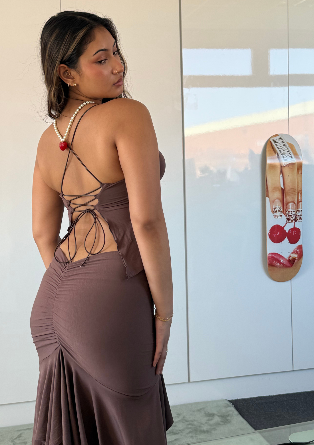 The Aura Draped Midi Skirt In Mocha Brown