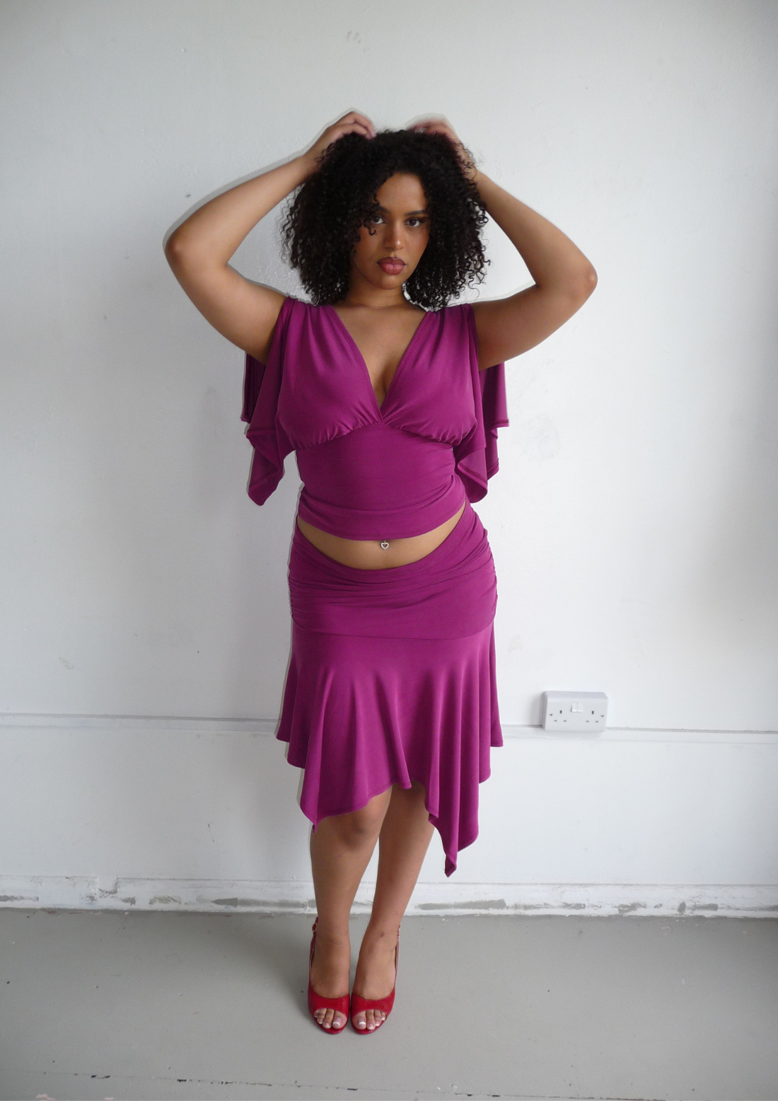 Asymmetric Draped Midi Skirt In Raspberry Ripple Modal