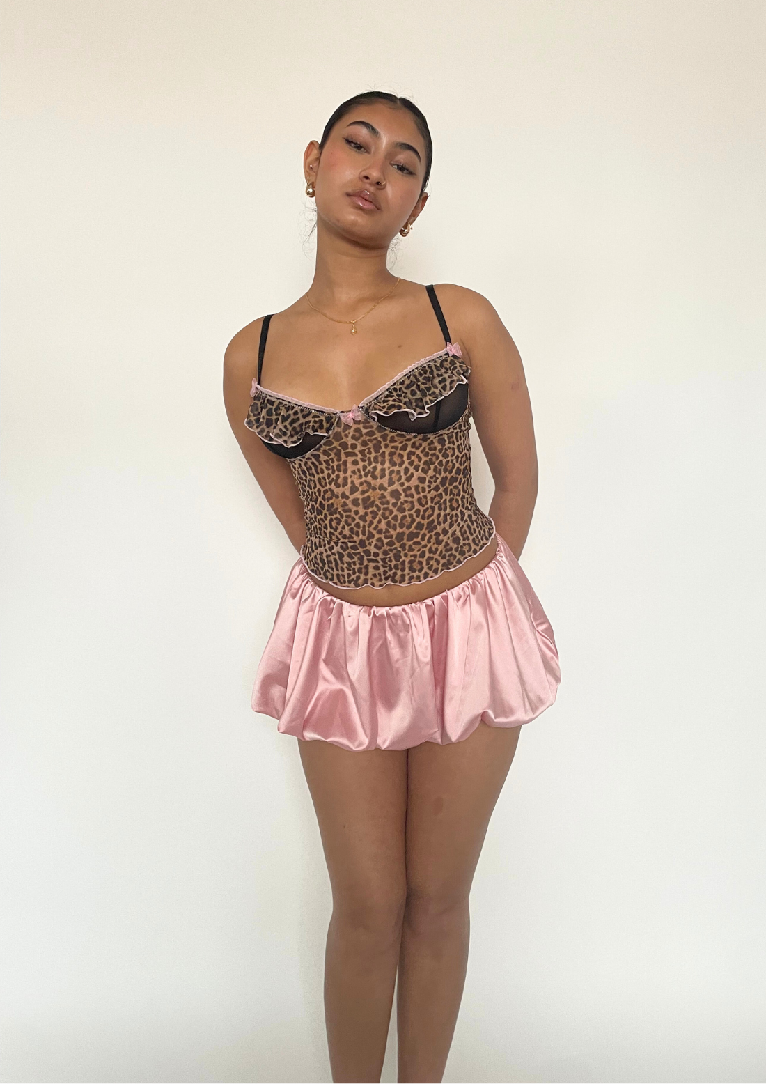 Frill Bustier Top In Leopard Mesh With Bow Detail