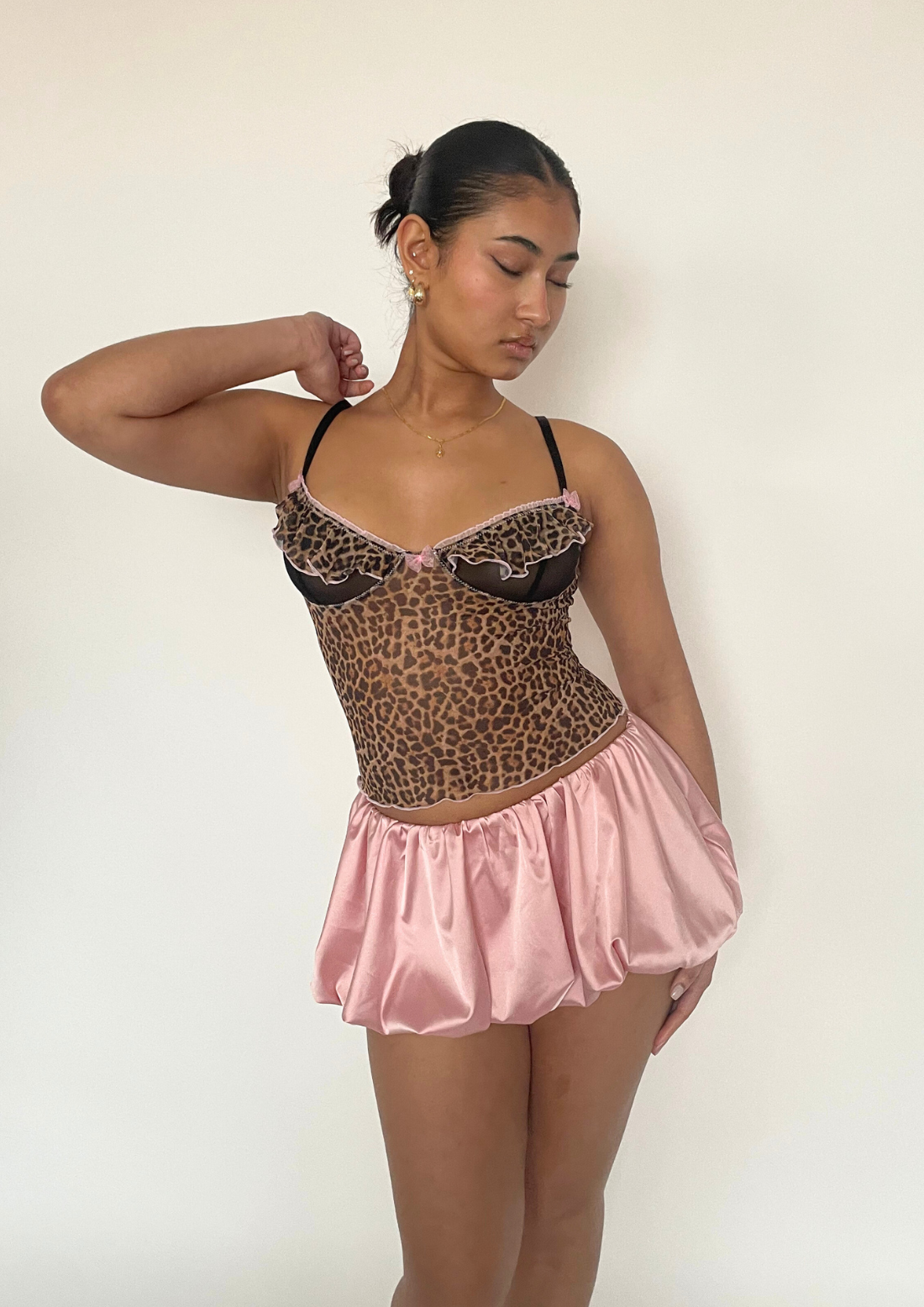 Frill Bustier Top In Leopard Mesh With Bow Detail
