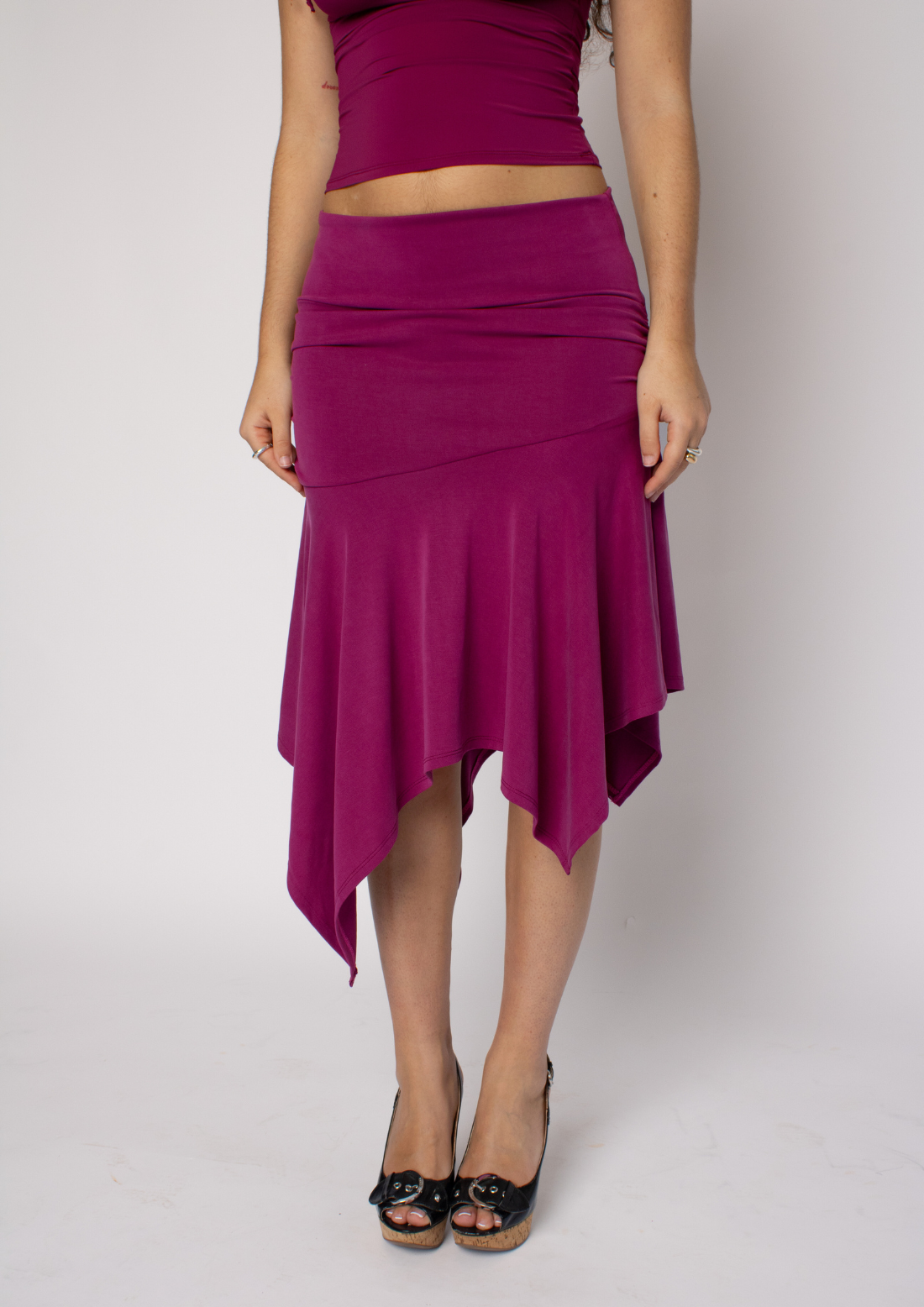 Asymmetric Draped Midi Skirt In Raspberry Ripple Modal