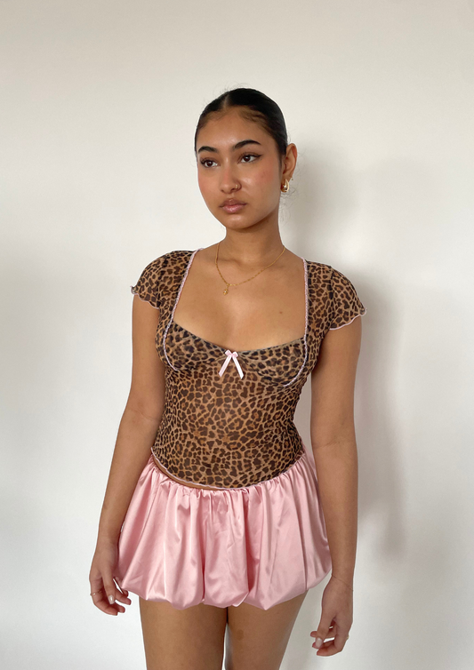 Cap Sleeve Top In Leopard Mesh With Bow Detail