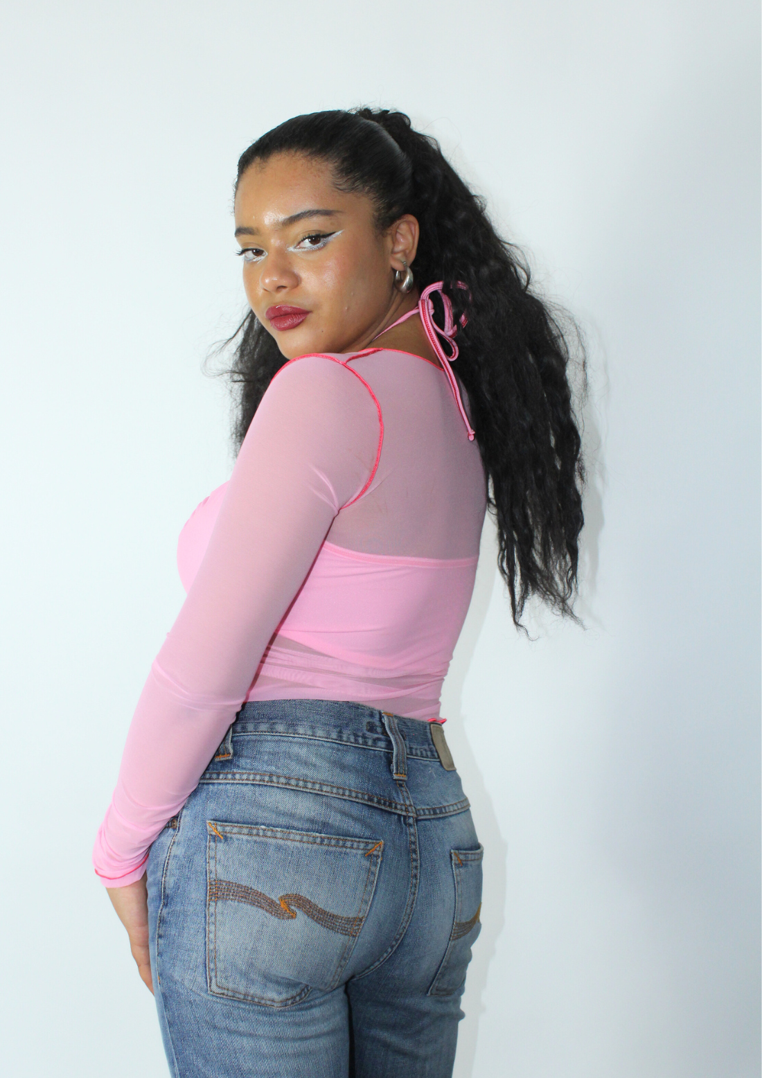 Pink long sleeve mesh top cheap