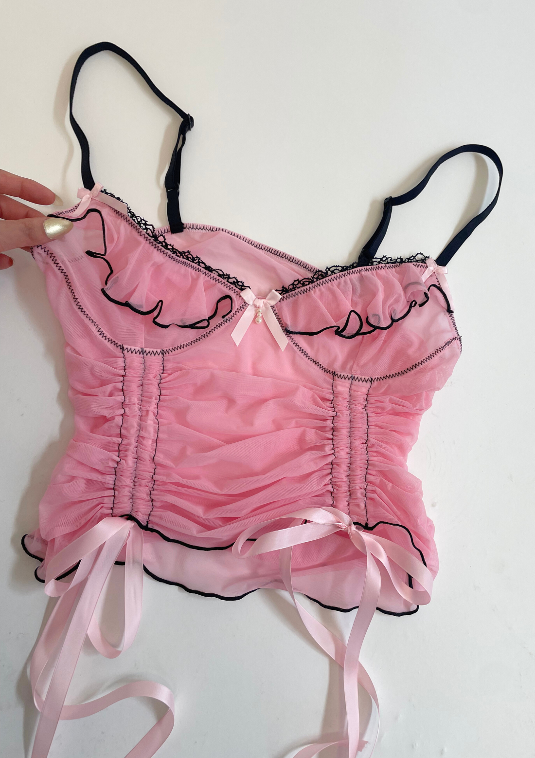 Frill Bustier Top In Pink Mesh With Bow Detail