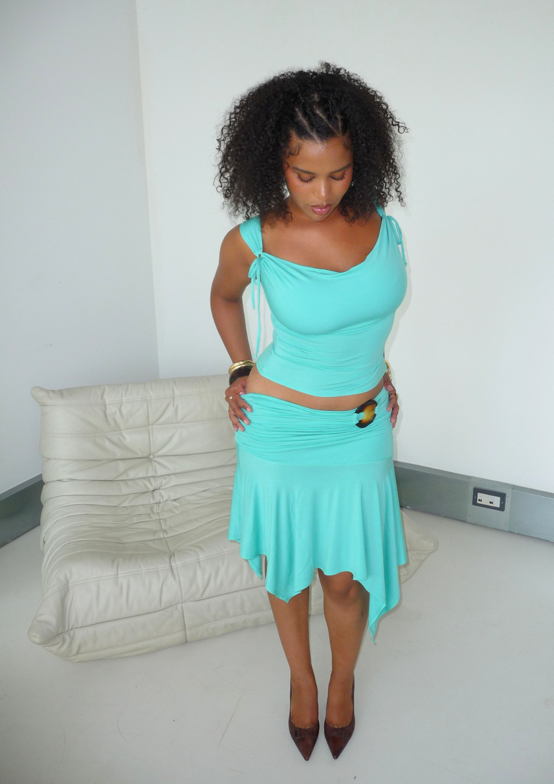 Mariah Cowl Neck Top With Tie Detail In Aqua