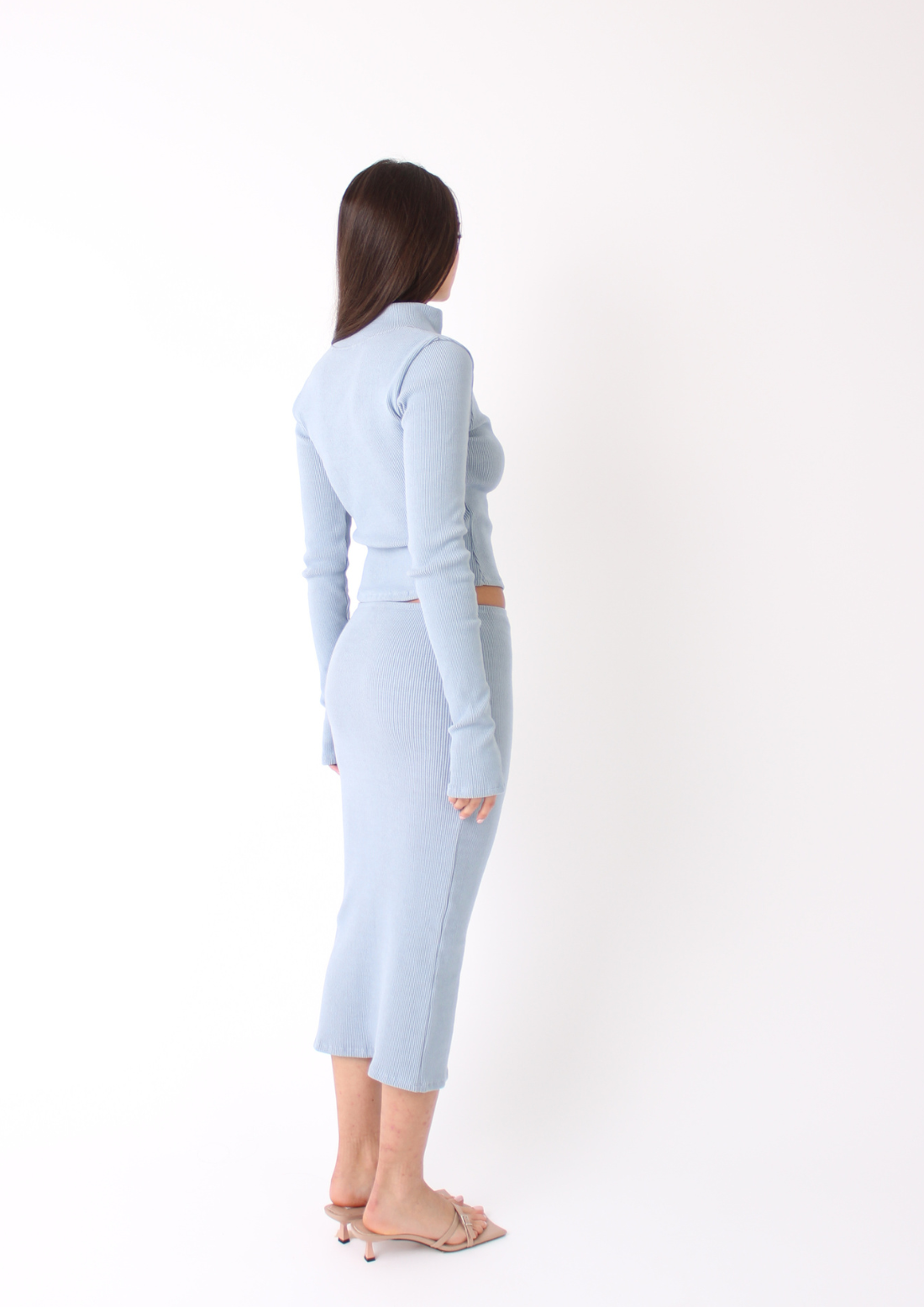Premium Rib Two Way Zip Up Top In Blue Ice