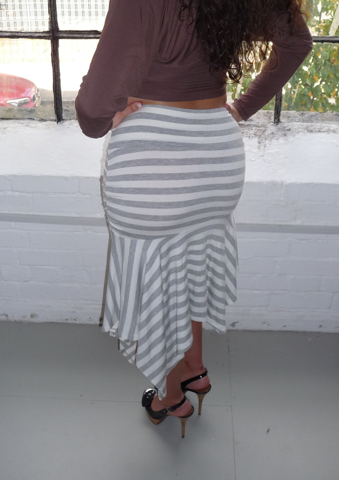 Asymmetric Draped Midi Skirt In Stripe