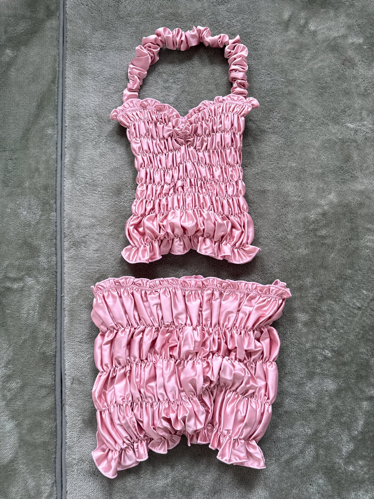 The scrunchie set sample in pink size 8 top size 10 skirt