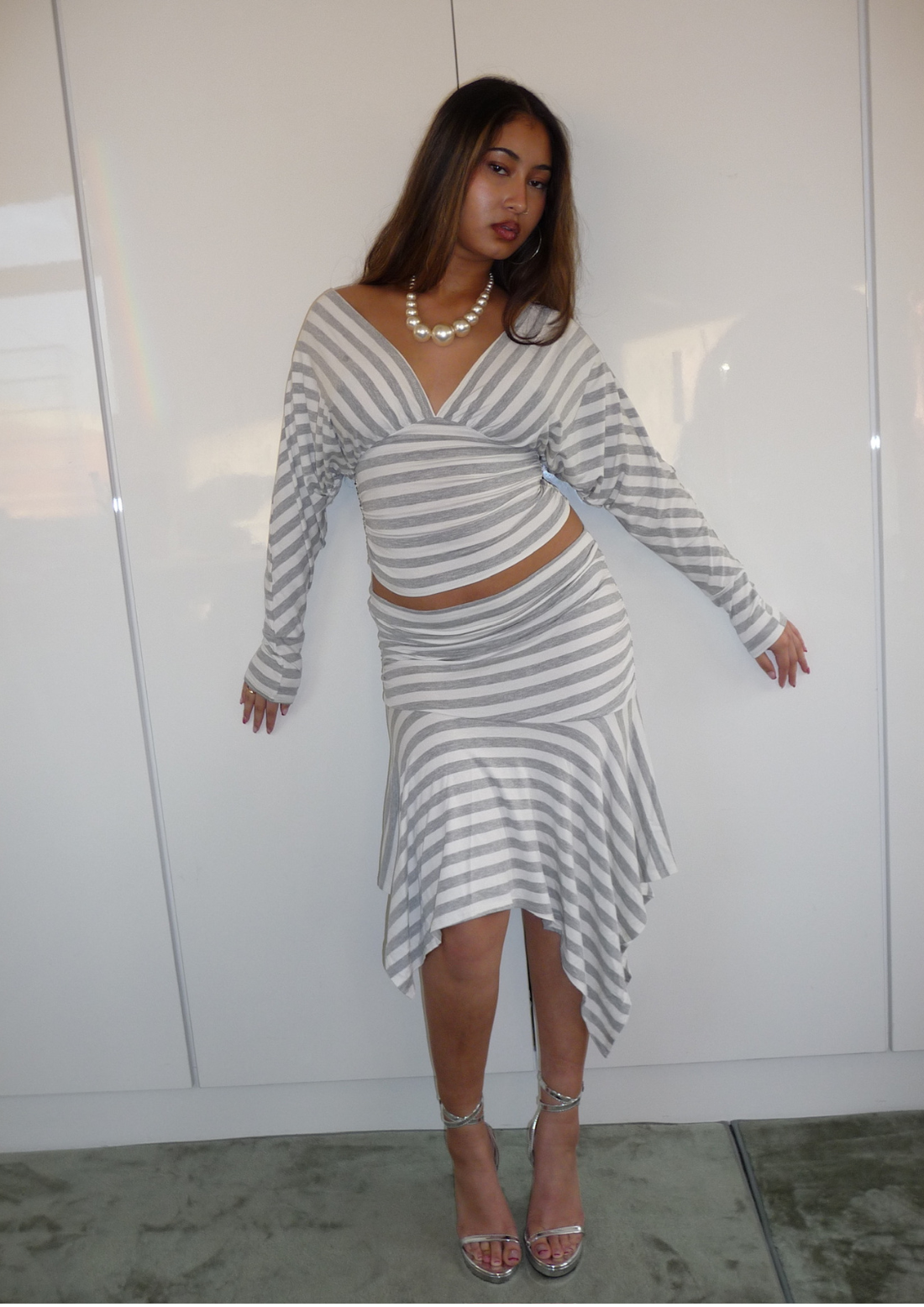 Asymmetric Draped Midi Skirt In Stripe