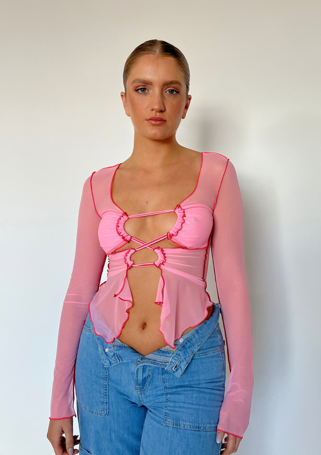 Strawberry Fantasy Top With Lettuce Edge In Pink and Red