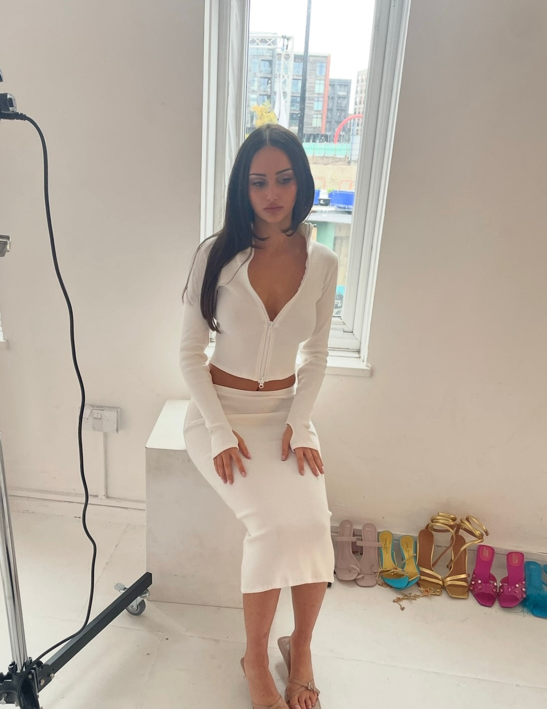 Premium Rib Midi co-ord set in white size XS / S