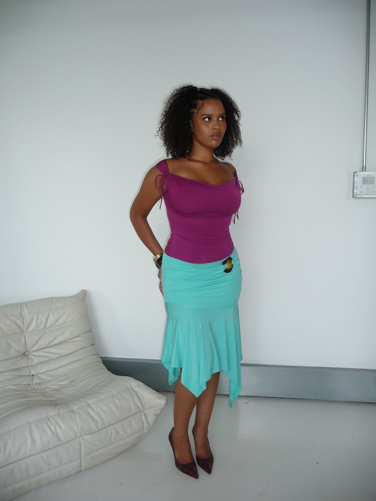 Asymmetric Draped Midi Skirt In Aqua With Trim Detail