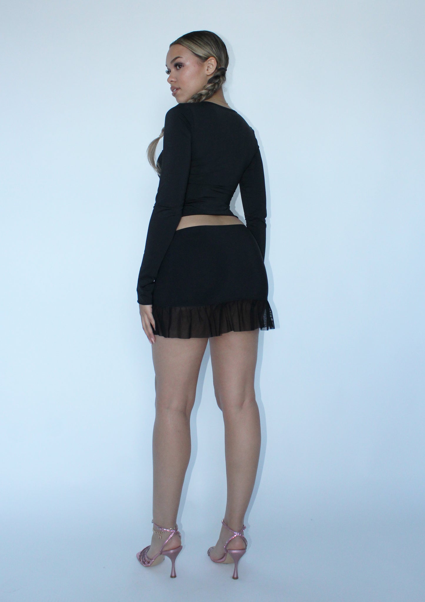 Super Low Rise Mini Skirt With Frill Detail In Black