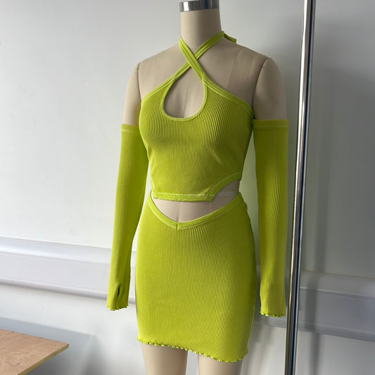 Three Piece Ribbed Set In Lime Green Sample